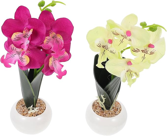 Artificial Phalaenopsis Orchid Bonsai Set 2pcs Simulation Plants with White-Green and Purple Flowers Decorative Fake Flowers for Living Room Home Décor Accessories