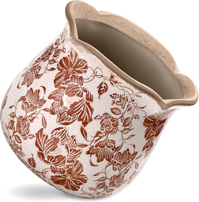 Vintage Ceramic Planter Pot with Drainage Holes, Green Floral Design, 6.11 Inch, Distressed Tuscan Style, Indoor Plant Pot and Vase (Red Flower)