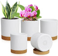 WSMKSZ 5 Pack Cylindrical Flower Pots with 7/6.5/6/5/4 inch, Modern Small Plastic Plant Pots with Drainage Holes & Saucers, Round Planter Pots for Outdoor, Indoor & Office Decor (White Brown)