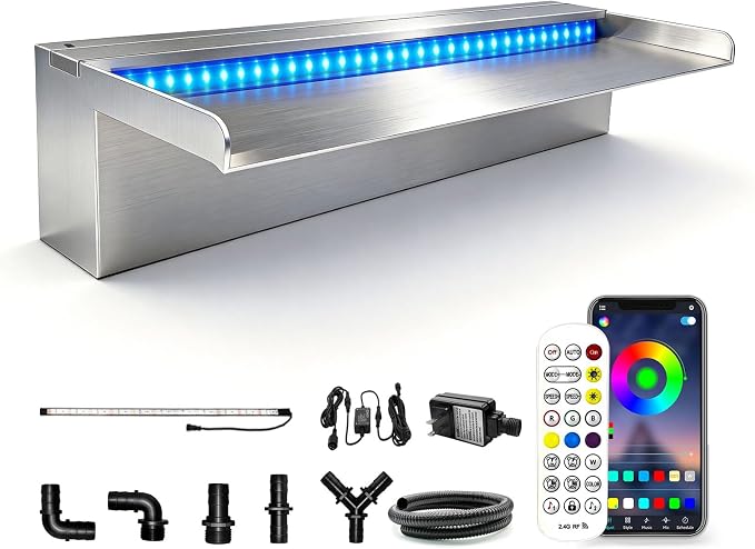 LONGRUN with lid Stainless Steel Waterfall Spillway, APP Control Multi-Color LED Light Outdoor Pool Fountain, Water Spillway Koi Pond Waterfalls Fountains Kit for Garden Patio Swimming Pool-23.6"