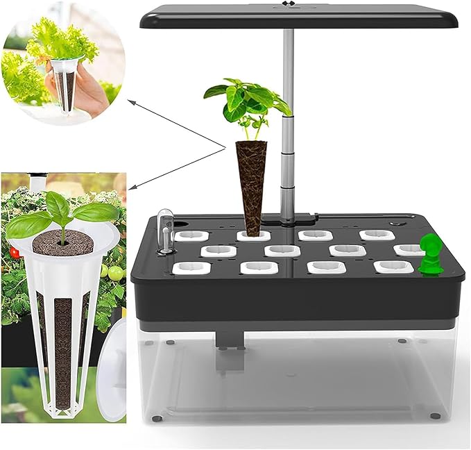 Hydroponics Growing System, 12 Pods Indoor Herb Garden with LED Grow Light, with Aquaponic Fish Tank,with Auto Timer,for Home Kitchen,Height Adjustable