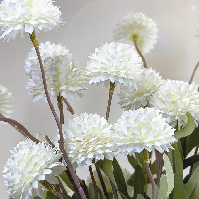 Artificial Flowers 10 Pcs Faux Silk Pompon Mum, Bulk Fake Flowers Mini Chrysanthemums with Stems for DIY Bouquet Centerpieces Wedding Fillers Champagne Arrangements Room Decor, White