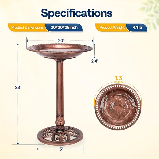 VIVOHOME Bird Bath for Outside, Polyresin Pedestal Bird Baths for Outdoor, Garden, 28 Inch Height Weather-Resistant Birdbaths with 20" Bowl, Antique Bronze