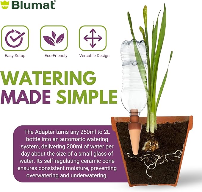 Blumat Plant Watering Devices - Easy Self Watering Planter Insert for Indoor Plants - Bottle Adapter - Prevents Overwatering and Underwatering for Healthy Growth - 1 Pack