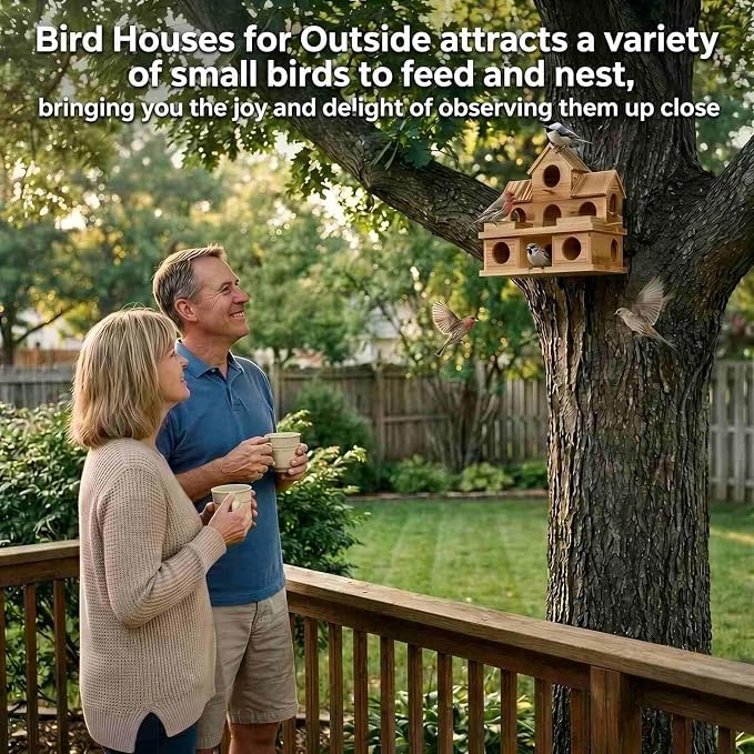Bird Houses for Outside with External Feeder – Lightly Charred Hanging Birdhouse for Flocking & Nesting – Suitable for Finches, Bluebirds, Cardinals – Perfect for Garden, Patio, Backyard Decor