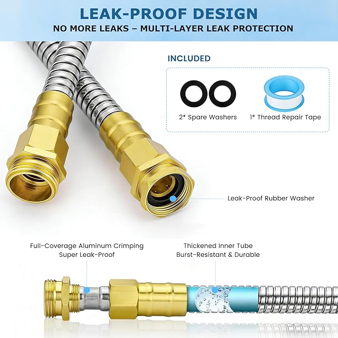 Short Stainless Steel Metal Garden Hose 10 ft, 3/4" Female to Male Solid Brass Connector, Small Leader Hose for Hose Reel, Durable, Flexible, Lightweight, Outdoor Water Hose Extension Adapter