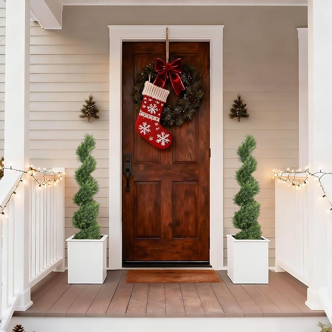THE BLOOM TIMES 4ft Artificial Topiary Trees Set of 2, 48 inch Faux Cedar Cypress Spiral Topiary Trees Outdoor - Fake Plants for Garden Front Porch Indoor Outside Planter Decor 4 Foot