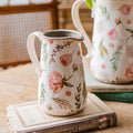Vintage Fruit and Floral Ceramic Vase with Handle, Retro Ice Glazed Crack Farmhouse Pitcher Vase for Home Decor, Living Room, Shelf, Office, Rustic Table Centerpiece 7 Inch