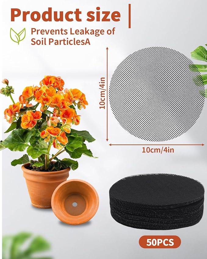 50PCS Flower Pot Hole Mesh Pad, 4 inch Rounds Drainage Hole, Plant Pot Drainage Mat, Plant Potting Mat to Prevent Soil Loss, Gardening Gifts for Friend