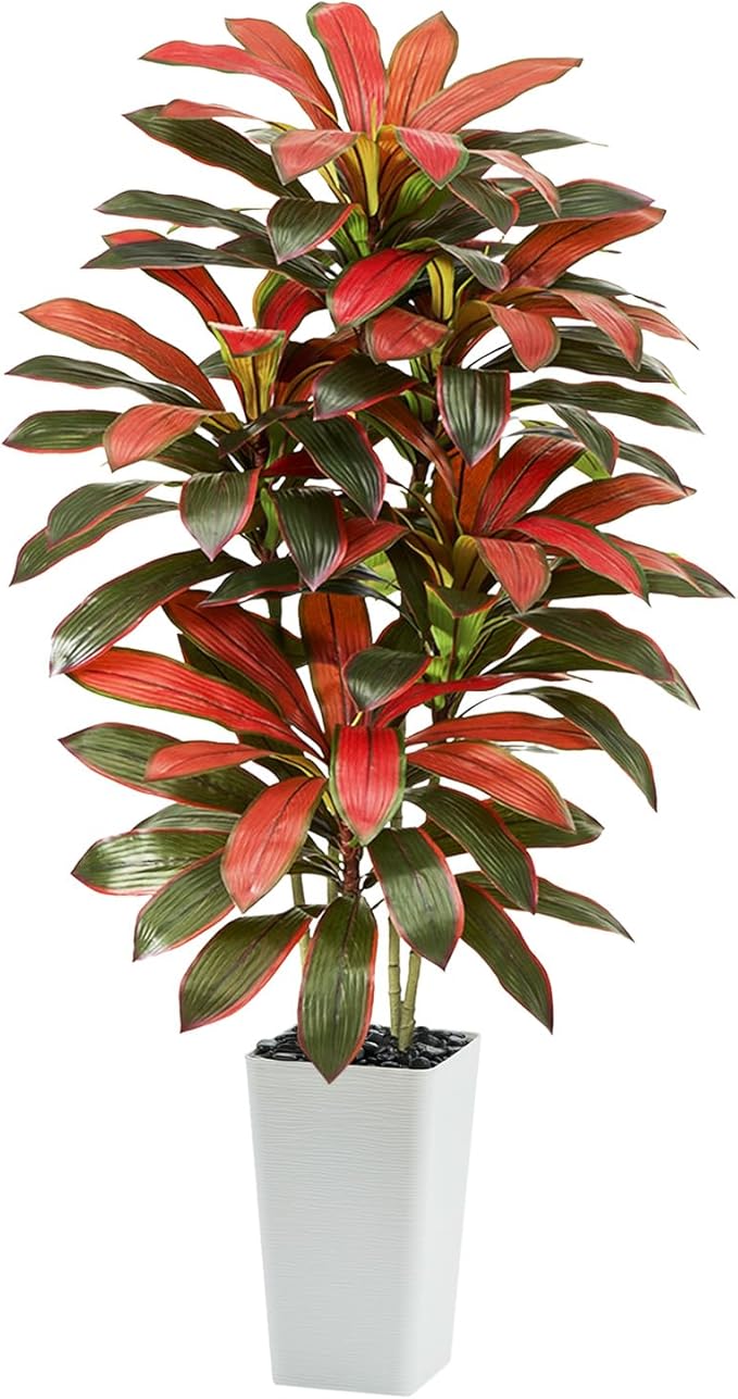 Artificial Red Dracaena Tree - 5FT Tall Fake Plants with White Tall Planter - Artificial Plants Indoor Floor Plant in Pot - Large Tropical Fake Yucca Potted Tree for Home Office Living Room Decor