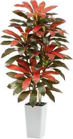 Artificial Red Dracaena Tree - 5FT Tall Fake Plants with White Tall Planter - Artificial Plants Indoor Floor Plant in Pot - Large Tropical Fake Yucca Potted Tree for Home Office Living Room Decor