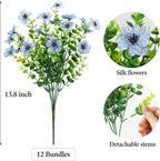 ATTGREAT Artificial Flowers Outdoor Faux Plants UV Resistant Fake Patio Flowers Plastic Greenery Plnats Outside Bulk for Spring Garden Hanging Planter Home Vase Decor, 12 Bundles (Blue)