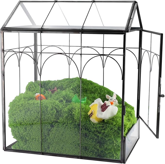 HighFree Geometric Plant Terrarium with Lid, House Succulent Terrarium Kit for Succulents Cacti Snail, Home Tabletop Miniature Terrarium (Black with Side Door)