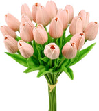 Mandy's Dusty Pink Artificial Tulips Flowers Centerpiece, 13.5" Lifelike PU Fake Floral Stems 20pcs for Kitchen Island & Dining Table, Spring Decor for Easter