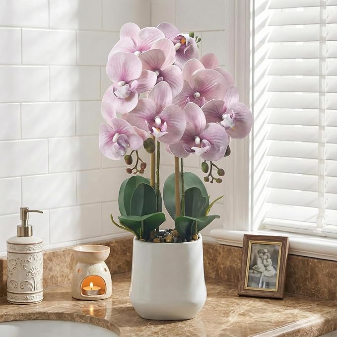 Orchids Artificial Plant in Ceramic Pot 18.5" Faux Orchid Phalaenopsis Flowers Arrangement for Home Office Table Centerpiece Indoor Decor, Light Purple