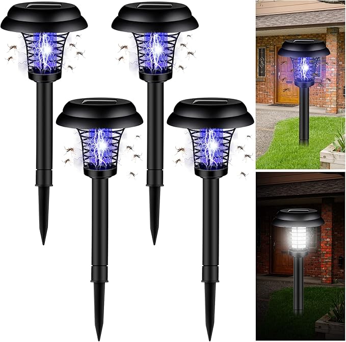 Qualirey 4 Pcs Solar Bug Zapper Waterproof Mosquito Killer Solar Light Power Repellent Lamp for Moth, Gnat, Fly, Small Flying Insect Indoor Outdoor Garden Patio, Purple & White (Plastic, Black)