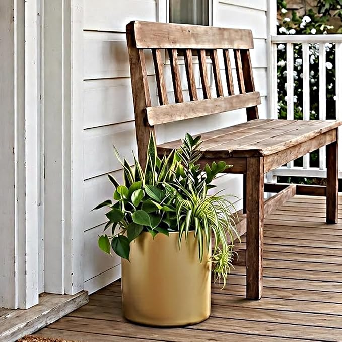 Metal Plant Pot with Drainage Hole,Mid Century Modern 7 inch Round Pot Indoor Outdoor Planters Gift for Decorative Pots of Tabletop Living Room Bedroom Gold
