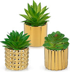 Briful Succulents Plants Artificial in Gold Ceramic Pots (Set of 3), Small Fake Plants for Home Office Desk Decor – Modern Mini Potted Succulents for Bathroom, Bedroom, Living Room Table, Shelf