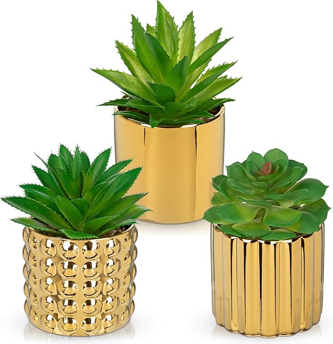 Briful Succulents Plants Artificial in Gold Ceramic Pots (Set of 3), Small Fake Plants for Home Office Desk Decor – Modern Mini Potted Succulents for Bathroom, Bedroom, Living Room Table, Shelf