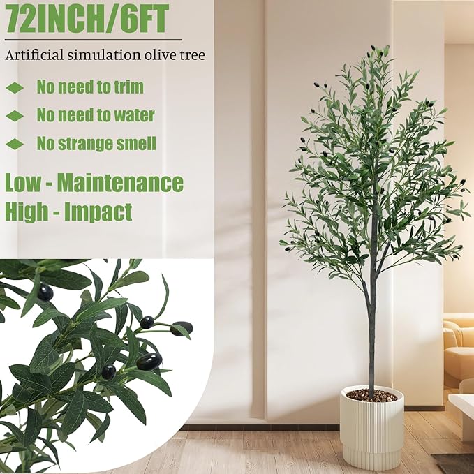 6FT Artificial Olive Tree,Artificial Plants Indoor,Faux Olive Tree Indoor with Natural Wood Trunk and Realistic Leaves and Fruits for Home Office Decor