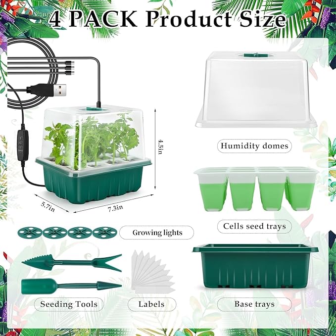 Seed Starter Tray with Grow Light, 72 Cells Indoor Seed Starter Kit, Flexible Silicone Seedling Starter Trays, Germination Tray Kit with Humidity Dome & Lids(4in Height), Reusable & Dishwasher Safe