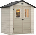 DWVO 6x4.4 FT Outdoor Storage Shed, Plastic Garden Tool Shed with 2 Windows, Double-Wall Outside Shed for Lawn Mower, Garden Shed for Backyard Patio, Lockable, Greige&Gray