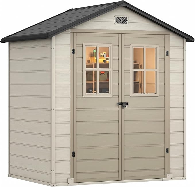 DWVO 6x4.4 FT Outdoor Storage Shed, Plastic Garden Tool Shed with 2 Windows, Double-Wall Outside Shed for Lawn Mower, Garden Shed for Backyard Patio, Lockable, Greige&Gray