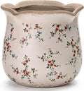 Vintage Ceramic Planter Pot with Drainage Holes, Green Floral Design, 6.11 Inch, Distressed Tuscan Style, Indoor Plant Pot and Vase (Small Red Blooms)