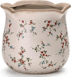 Vintage Ceramic Planter Pot with Drainage Holes, Green Floral Design, 6.11 Inch, Distressed Tuscan Style, Indoor Plant Pot and Vase (Small Red Blooms)