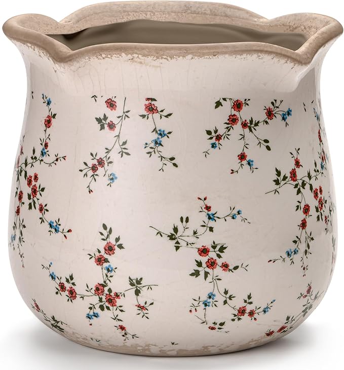 Vintage Ceramic Planter Pot with Drainage Holes, Green Floral Design, 6.11 Inch, Distressed Tuscan Style, Indoor Plant Pot and Vase (Small Red Blooms)