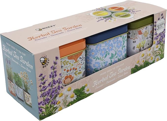 BUZZY Seeds Herbal Tea Garden Grow Kit – 3 Square Tin Planters with Lavender, Chamomile & Lemon Balm Seeds, Easy Indoor Herb Starter, Relaxing Gardening Gift Set