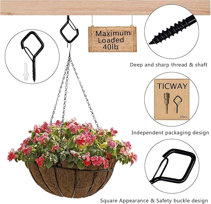 12 PCS Q-Hanger Hooks for String Lights, Ceiling Hangers for Plants & Wind Chimes, Christmas Decorations Outdoor Hooks (Square Hanger) Black