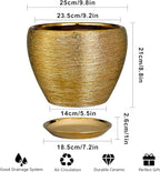 Ceramic Planter 10 Inch - Indoor Plant Pot with Drainage Hole and Saucer Large Decorative Planter Mid-Century Modern Flower Pot Outdoor for Home Decor Gold