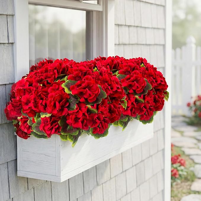 lovemoon 16 Pcs Artificial Geranium Plant Realistic Silk Flowers for Outside UV Resistant Faux Geraniums Flowers for Indoor Outdoor Home Garden Office Decoration (16, Red)