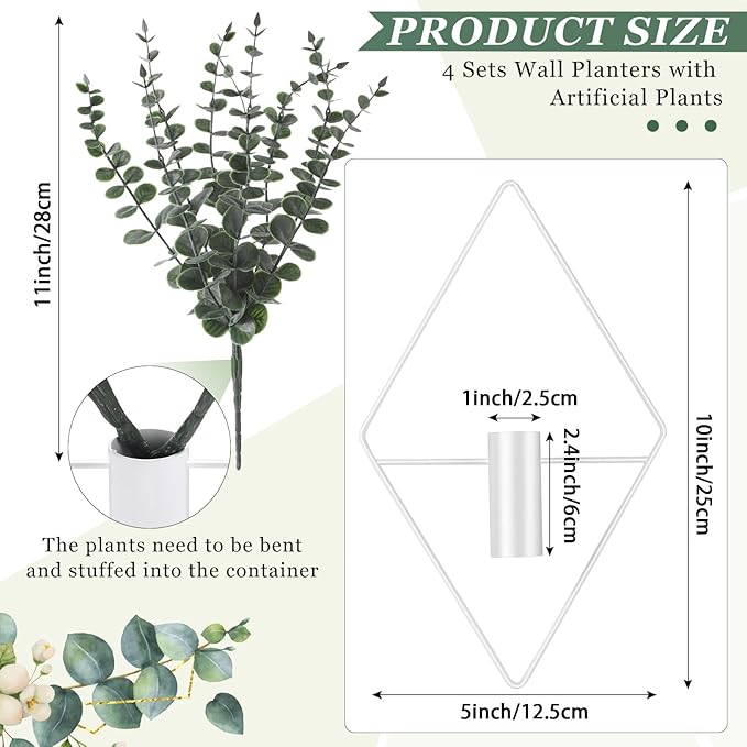 Jexine 8 Pcs Hanging Planters with Artificial Eucalyptus Metal Hanging Vase Indoor Plants Holder Modern Geometric Boho Bathroom Wall Decor for Living Room Home Office (Eucalyptus,White)