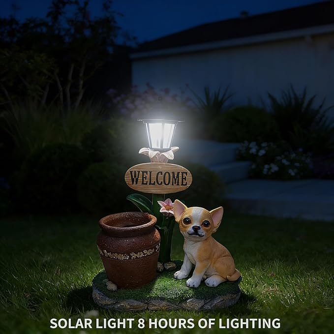 Animal Outdoor Statue Planter Solar Light Welcome Garden Sculpture Resin Flower Pot Decorative Porch Patio Yard Lawn Entryway Figurine with LED Lamp Rustic Plant Holder Ornament Courtyard (P)