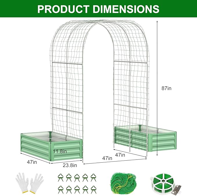 SUNYRISY Galvanized Raised Garden Bed with 87" H Arch Trellis for Climbing Plants Outdoor, Metal Planter Box with Netting for Gardening Flowers Vegetables Fruit, Green