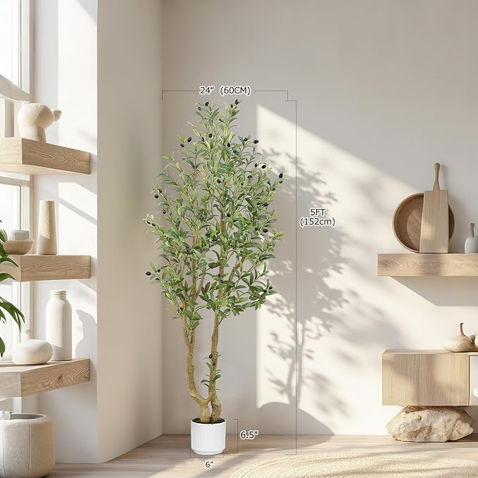 HZXGCP Olive Tree 5ft, Artificial Olive Tree with White Pot, Fake Tree with 1152 Dense Leaves & 64 High-Simulated Olive Fruits - Easy Assembly, Low Maintenance (Olive Tree 5ft)