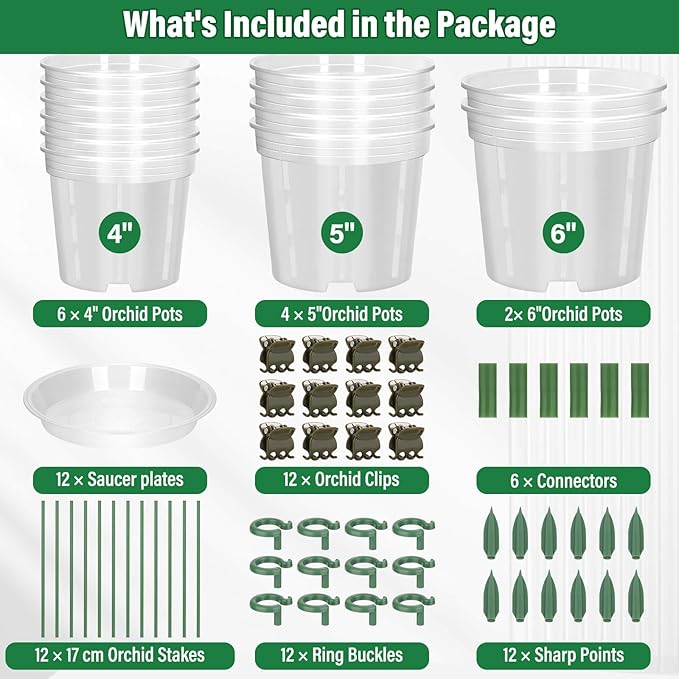 12 Pack Plastic Orchid Pots with Holes, 4, 5, 6 Inch Clear Orchid Pots for Repotting with Saucers Drainage and Plant Stakes, Large Small Breathable Orchids Planter Plant Pot