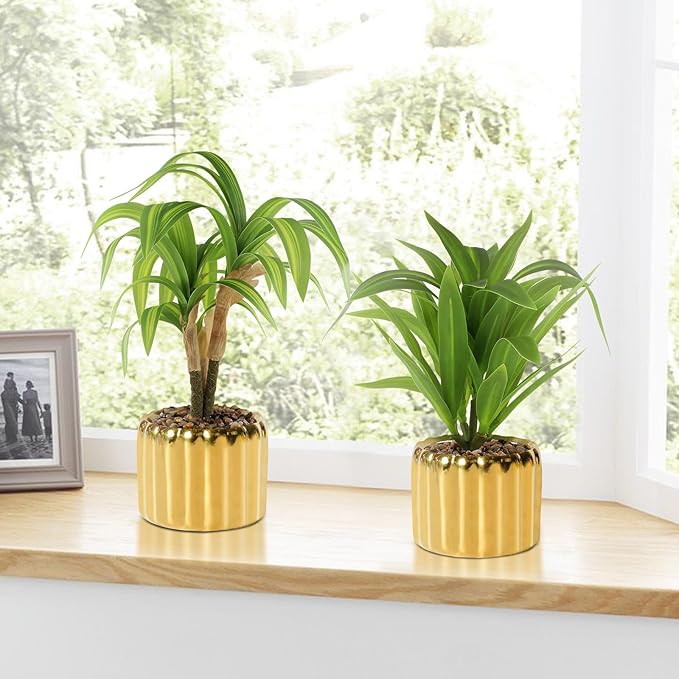 2 Pcs Artificial Dracaena Plant Golden Ceramic Pot Realistic Textured Faux Plants for Indoor Outdoor Fake Greenery Home Office Decor with Lifelike Foliage