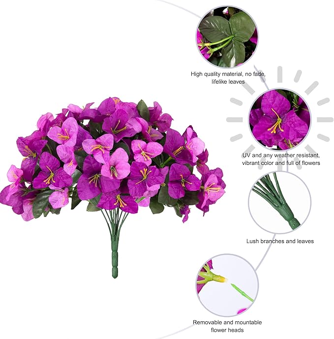 Ivydale Spring Artificial Flowers for Outdoors, 4 Bundles Fake Bougainvillea UV Resistant Faux Silk Flowers Realistic Outdoor Plants for Planter Patio Porch Window Garden Home Decor, Mixed Fuchsia