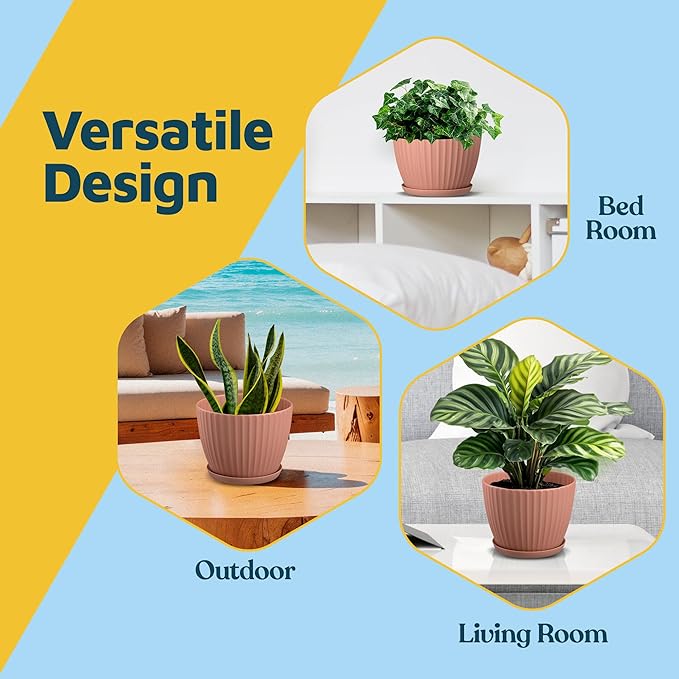 Pink 6-Inch Plant Pots with Drainage & Saucers 12 Pack, Indoor & Outdoor Planters for Houseplants, Herbs, and Flowers, Durable & Weatherproof Material, Stackable, Lightweight, Minimalist Design