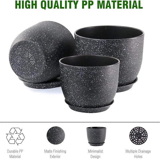 WSMKSZ Plant Pots 10/9/8 inch, Set of 3 Modern Decorative Plastic Planters with Drainage Holes and Saucers for Garden House Plants, Flower Pots for Indoor Outdoor Plants, Speckled Black