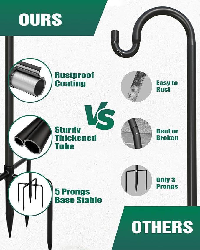 Breeze Touch 1Pack 45 Inch Adjustable Shepherd Hooks for Outdoor Outside, Heavy Duty with 5 Prongs Base, for Hanging Lantern, Hummingbird Feeder, Lightweight Plant, Wind Chime, Bird Feeder Hanger