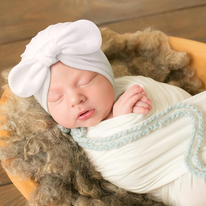 BQUBO Baby Turban Hats and Mittens Set Newborn Infant Hospital Hats Caps with Bows for Baby Boys Girls 0-12 Months