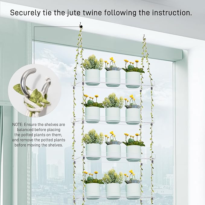 Sumerflos Acrylic Window Boxes Window Plant Shelves 4 Tier - Clear Hanging Shelf Indoor Jute Twine Adjustable Plant Holder for Window Wall Living Room Balcony Natural