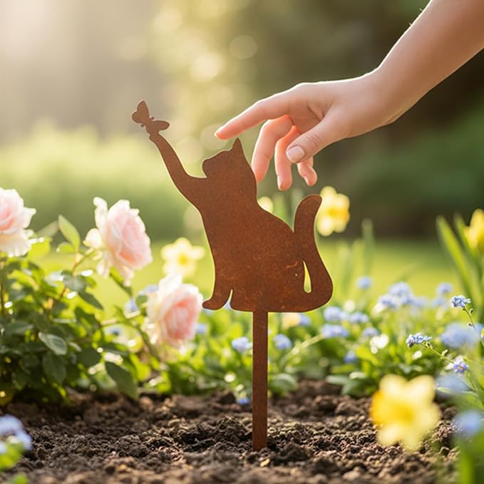 Butterfly-Catching Cat Metal Garden Stake – Powder-Coated Rust-Resistant Plant Pick for Pots & Planters, Playful Indoor/Outdoor Garden Decor