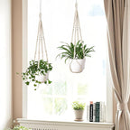 LEWESU Macrame Plant Hanger Indoor Set of 2 with 4 Hooks, Indoor Outdoor Hanging Planter for Plants Holder with Decorative Wood Beads & No Tassels, Boho Home Decor, 35 Inch Ivory (Pots Not Included)