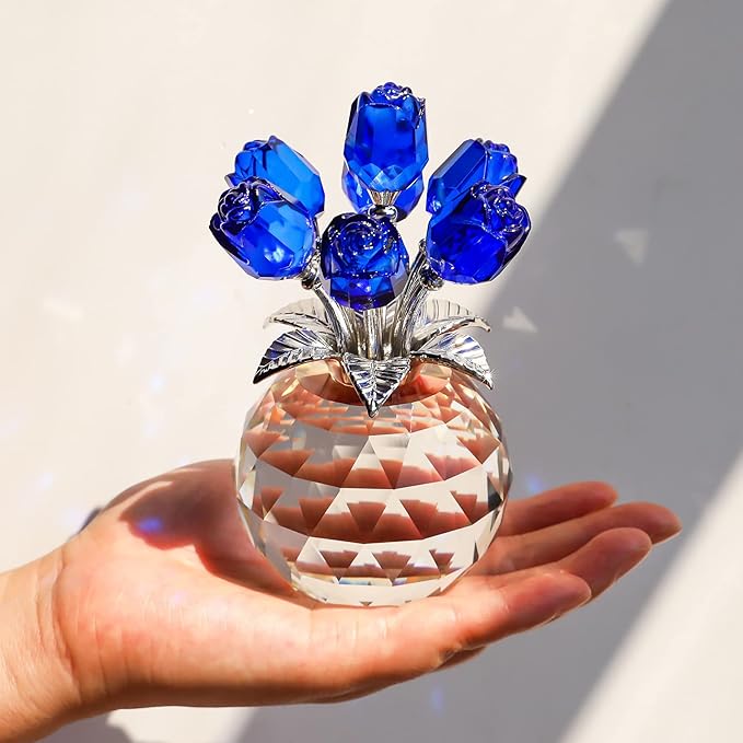 YWHL Crystal Blue Rose Flower Figurine with Round Vase, Rose Gifts for Wife Girlfriend, Romantic Gifts for Mom on Mother's Day Anniversary Birthday, Rose Collectible Figurines for Home Decoration