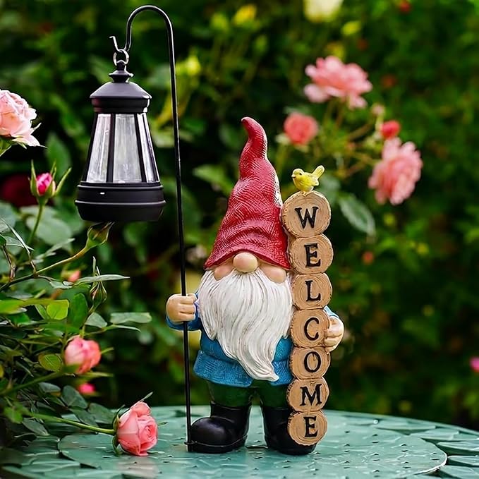 PETAFLOP Solar Garden Gnome Statue Decor with Welcome Sign, Funny Gnomes Figurine for Yard Patio Balcony Outdoor Decorations, Mother's Day Birthday Housewarming Gifts for Mom Grandma